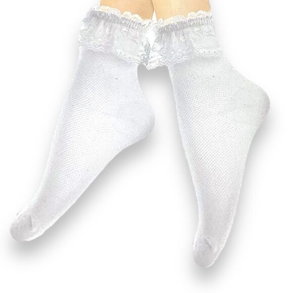 White Cotton Lace Ruffle Ankle Socks NEW - Picture 1 of 4
